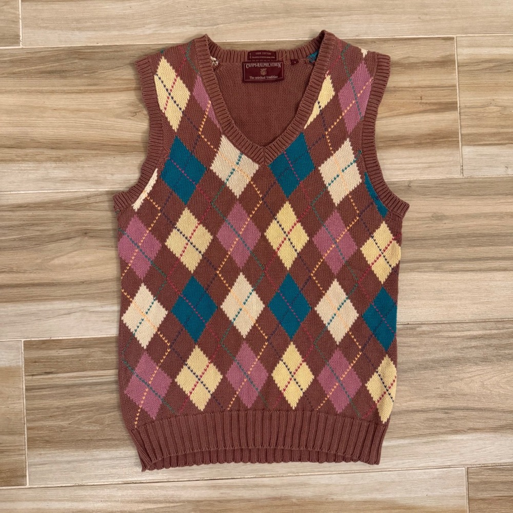 Vtg 80s 90s Chaps Ralph Lauren Argyle Sweater Vest S Cotton British Hong Kong